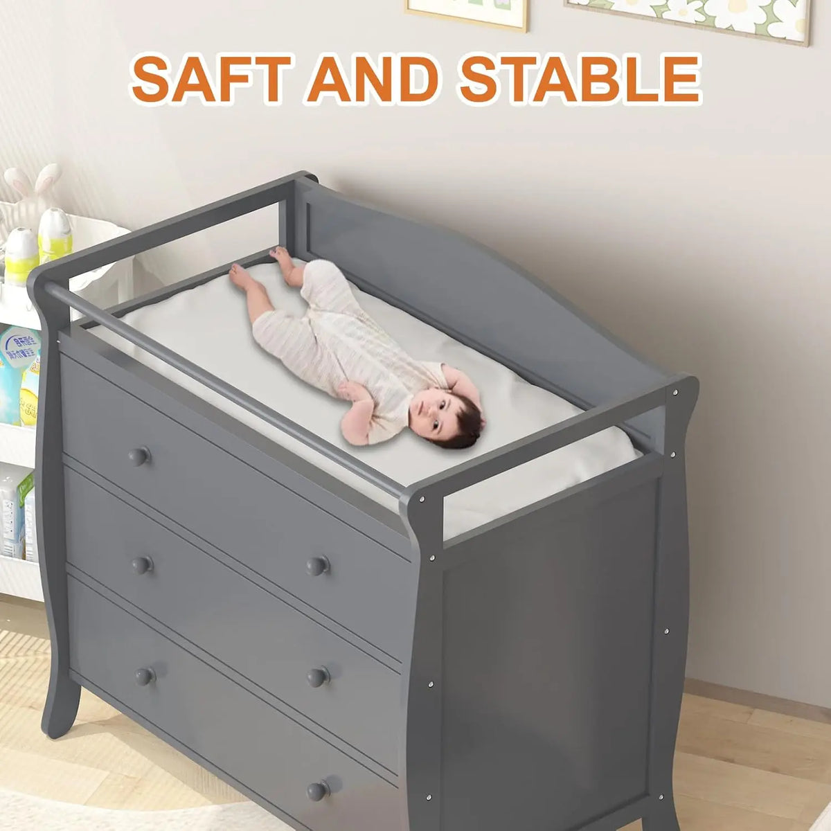 HiMISS Wooden Baby Changing Table With Safety Belt And Rails