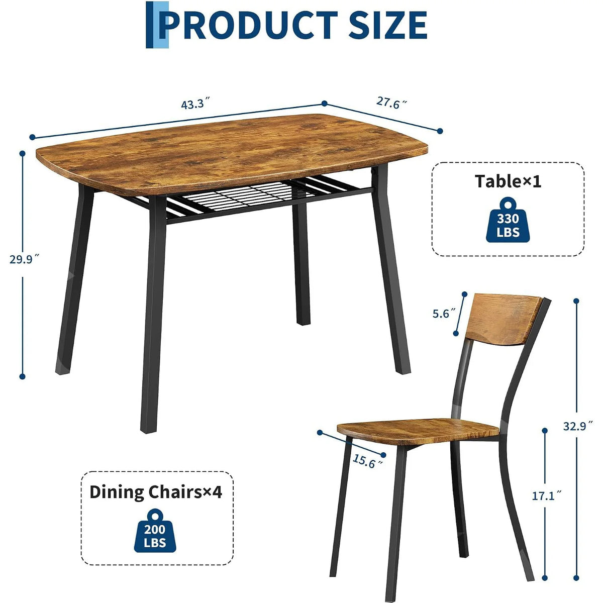 HiMISS Dining Set With Storage Shelf And Four Chairs