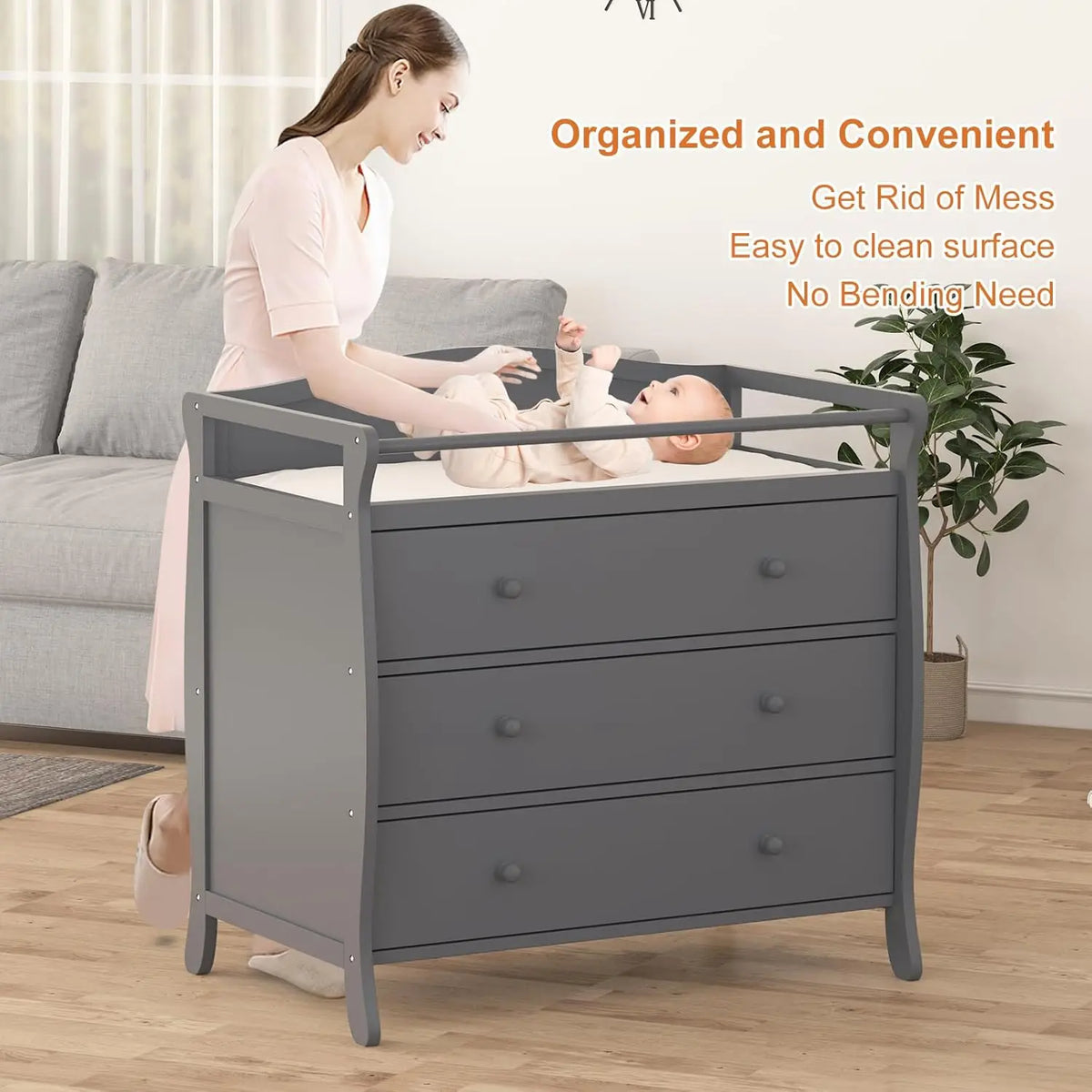HiMISS Wooden Baby Changing Table With Safety Belt And Rails