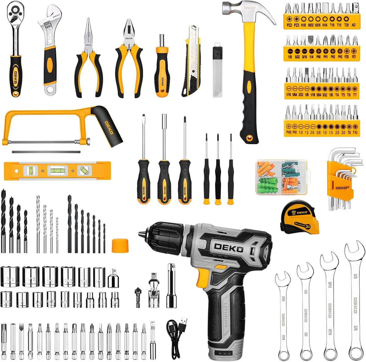 DEKO Mechanic Tool Set With Cordless Drill And Storage Case