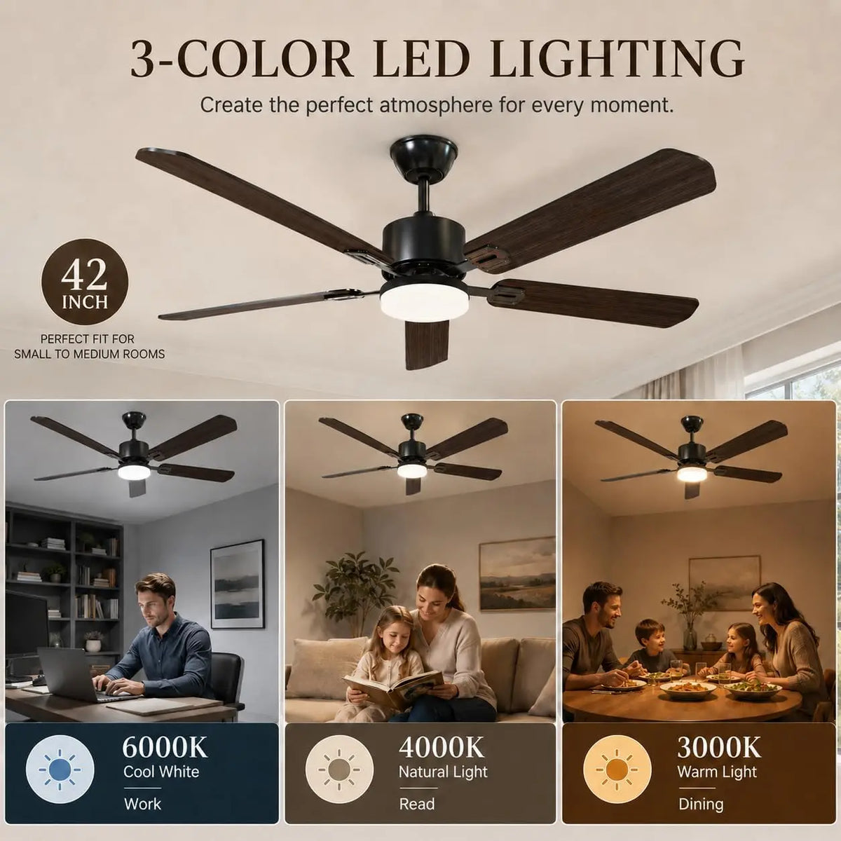 Ceiling Fan With LED Light Remote Control And Reversible Motor