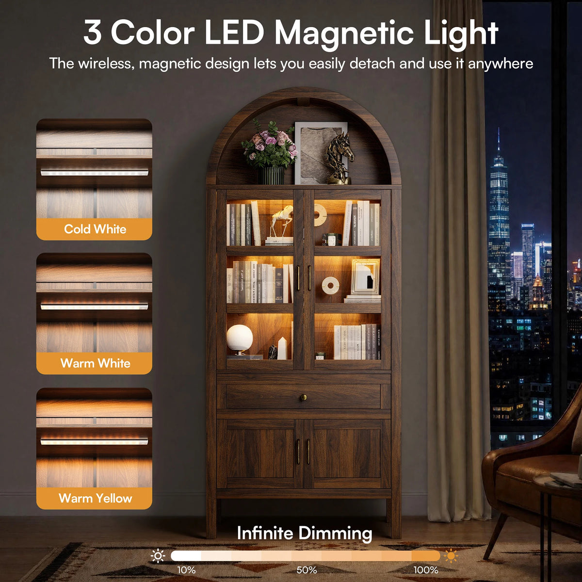 Cottinch Arched Wood Storage Cabinet Adjustable Shelves LED Lighting