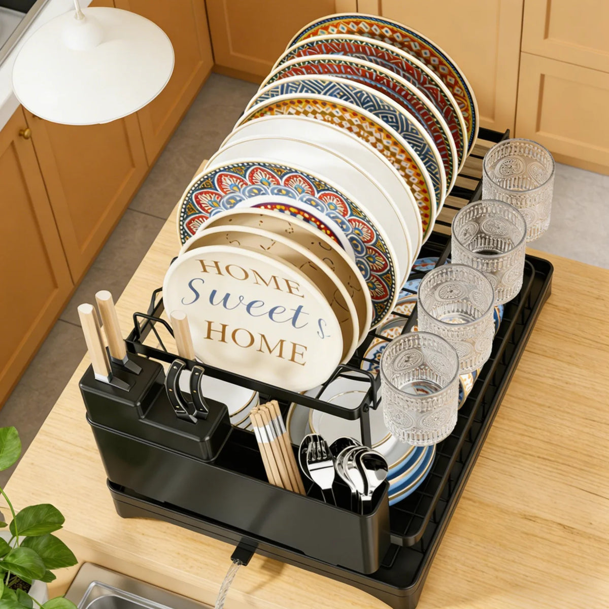 HiMISS Two Tier Dish Drying Rack With Drainage Tray