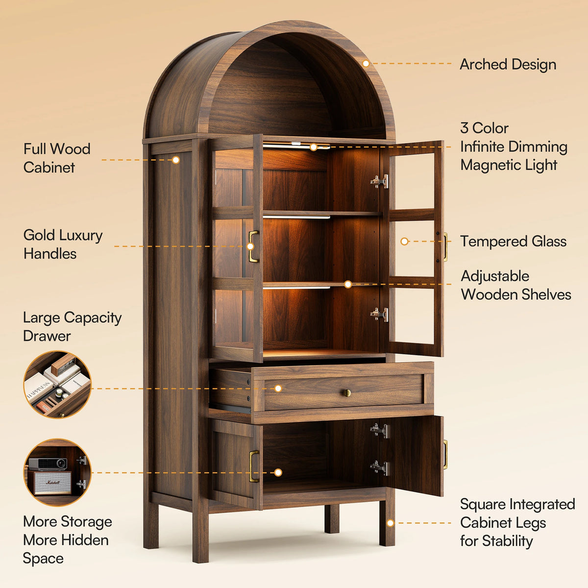 Cottinch Arched Wood Storage Cabinet Adjustable Shelves LED Lighting