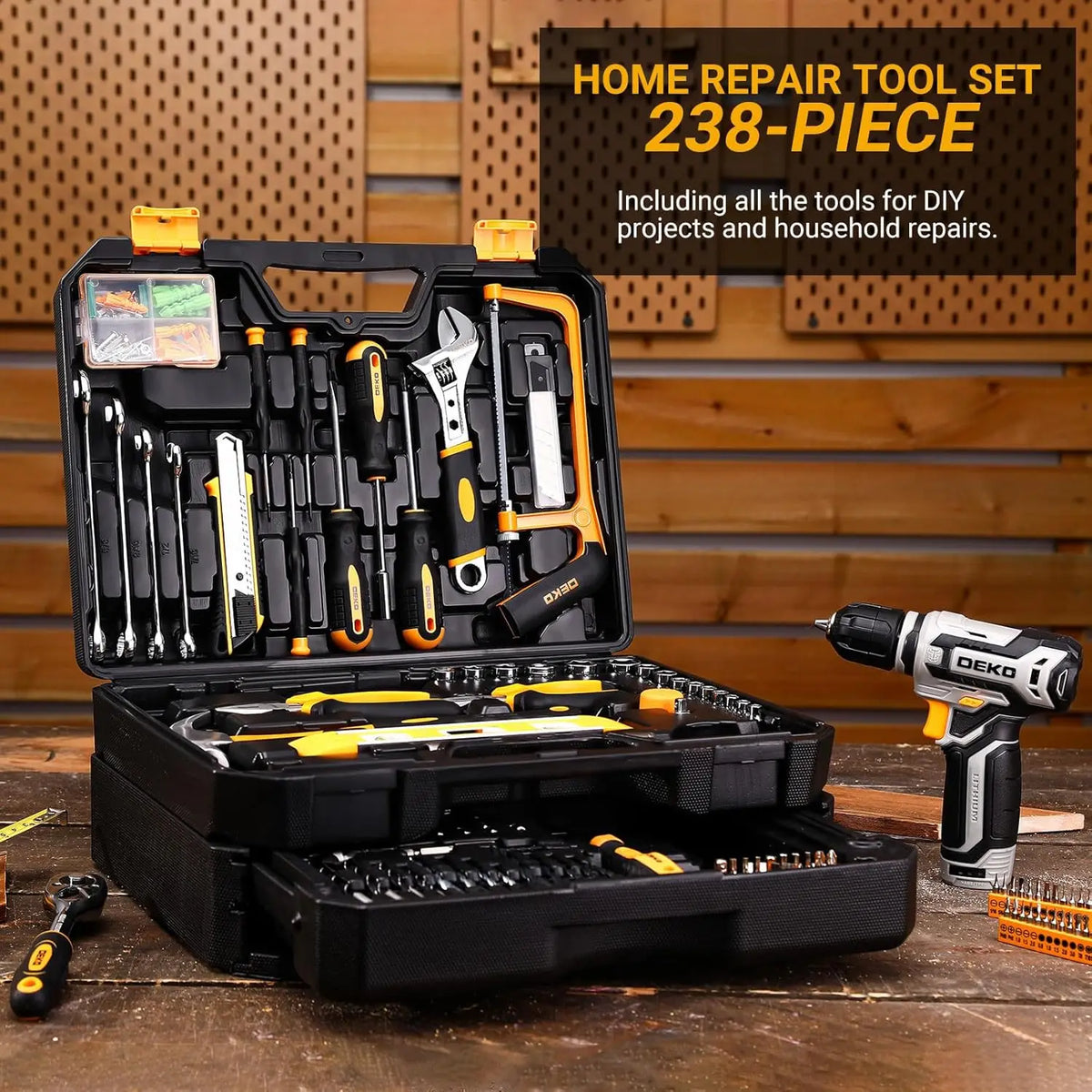 DEKO Mechanic Tool Set With Cordless Drill And Storage Case